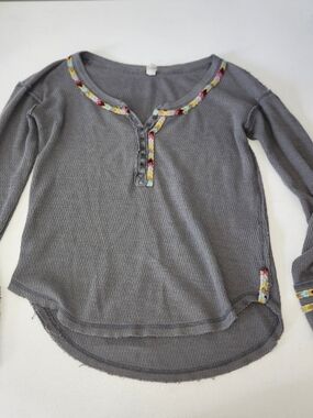 We The Free Gray Long Sleeve Henley with Multicolor Trim